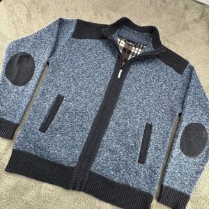YeoKou Cardigan Sweater Mens Large Blue Excellent Cashmere Wool Zip Elbow Patch